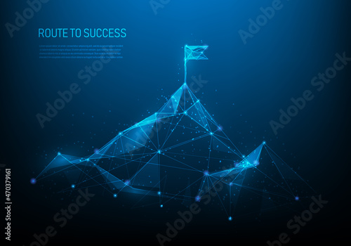 route to success low poly wireframe on blue dark background.Mountain path to the top form lines, dots, and triangles. Investment business ideas to success goal. vector illustration futuristic style.