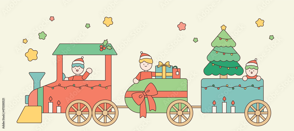 Cute elves are distributing gifts on the Christmas train. outline simple vector illustration.