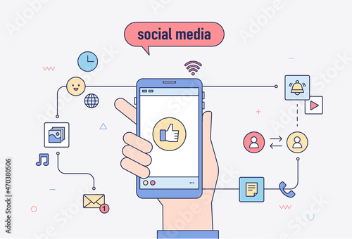 A hand holding a cell phone. Floating social media icons. outline simple vector illustration.