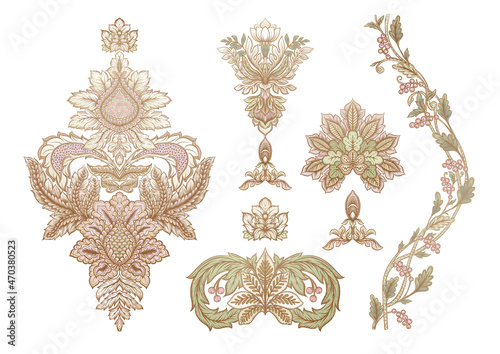 Classical luxury old fashioned damask ornament, royal victorian floral baroque. Clip art, set of elements for design Vector illustration.