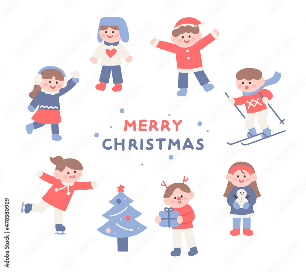 Cute children Christmas card. Children are playing and enjoying winter. flat design style vector illustration. Cute children Christmas card. Children are playing and enjoying winter. flat design style vector illustration.