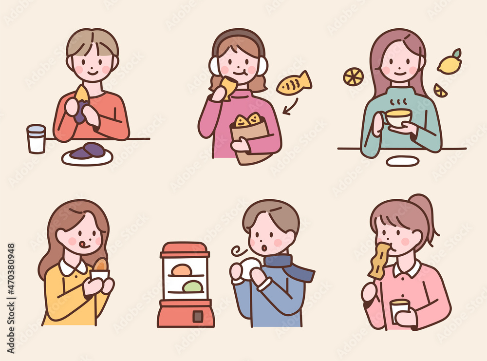 People are eating Korean winter snacks or desserts. cute characters. flat design style vector illustration. People are eating Korean winter snacks or desserts. cute characters. flat design style vector illustration.