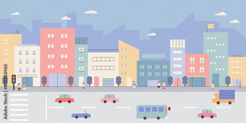 street with buildings. Many cars are running on the road. Simple and geometric design. flat design style vector illustration.