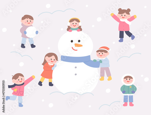 Cute children are making a big snowman. flat design style vector illustration.