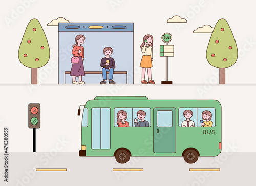 People waiting at the bus stop. passengers on the bus. flat design style vector illustration.