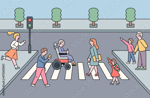 People are crossing the crosswalk. people crossing safely. people crossing dangerously. flat design style vector illustration.