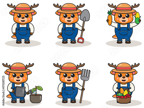 Vector illustration of Deer farmer cartoon. Cute farmer character design with straw hat. Character flat design. isolated on white.