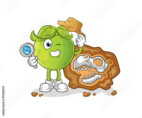 pea archaeologists with fossils mascot. cartoon vector