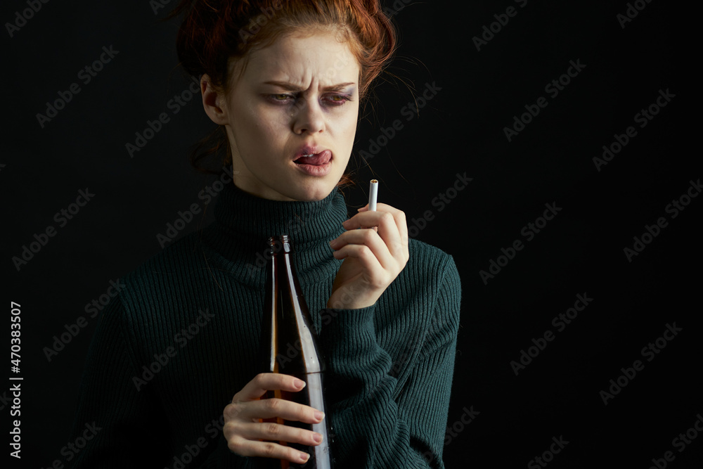 woman with cigarette bottle of alcohol bruises under eyes problems depression woman with cigarette bottle of alcohol bruises under eyes problems depression