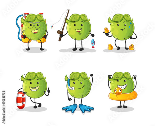 pea water activity group. cartoon mascot vector