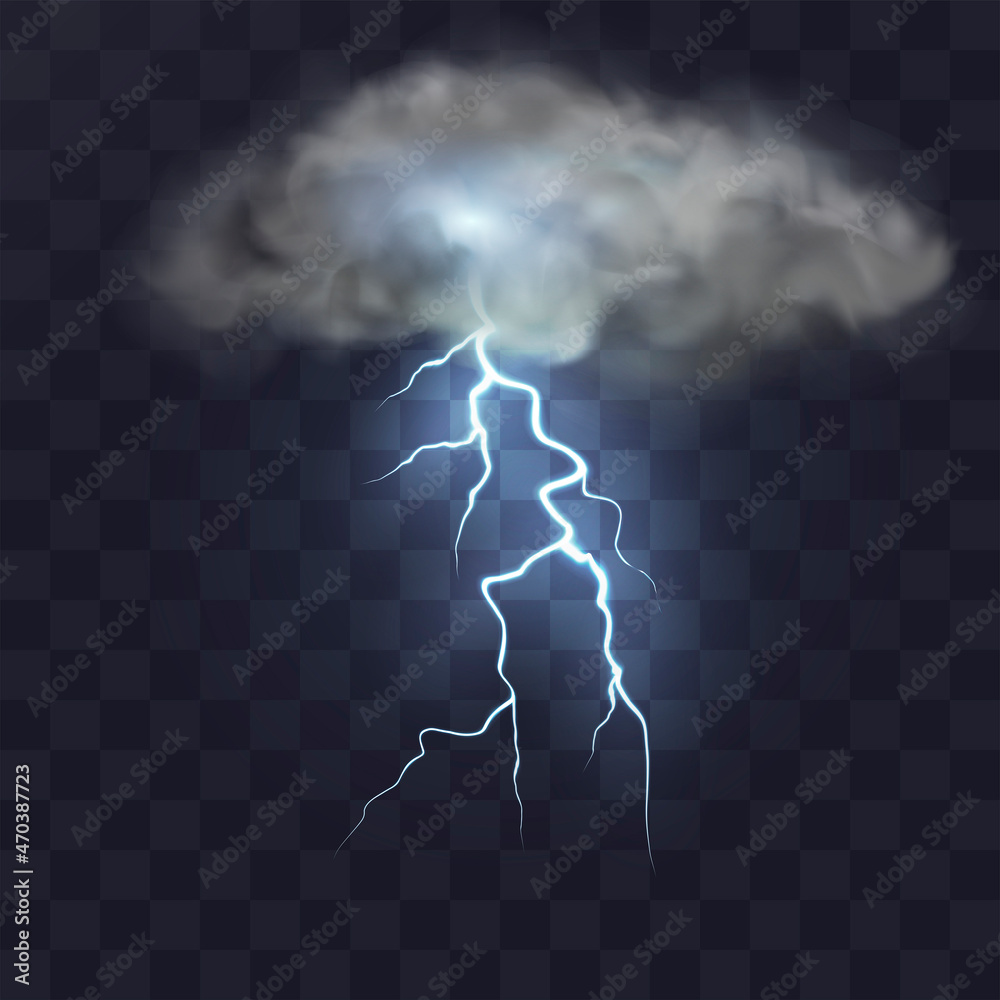 Realistic cloud with electric lightning with glow effect. Thunderstorm and lightning isolated on transparent background.