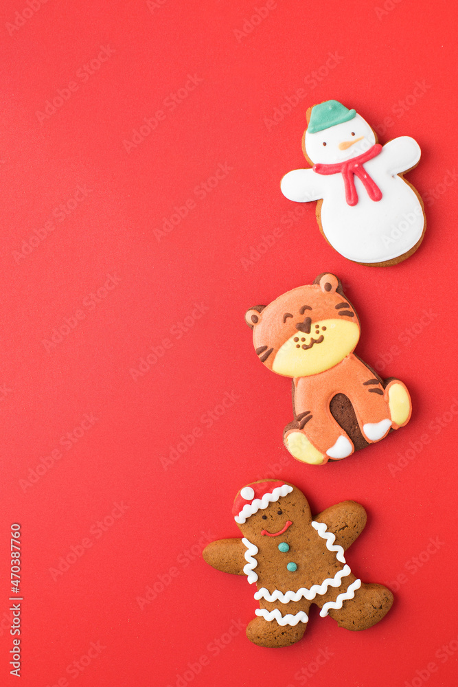 Set of traditional Christmas gingerbread on bright red background party banner. Copy space. Set of traditional Christmas gingerbread on bright red background party banner. Copy space.