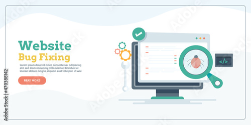 Software application testing and website bug fixing, error check concept. Flat design vector illustration template banner for project and presentation.