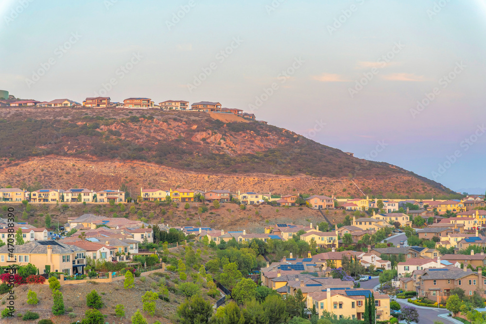 Houses on top and at the bottom of a hill at San Diego, California
