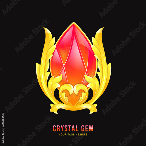 Red crystal gemstone badge with ornament border