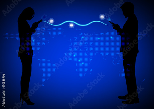 silhouette woman and man using smartphone connection technology concept using smartphone Global network connection vector illustration