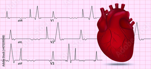 Anatomy of human heart illustration with heart rate and light pink background. Cardiology background.