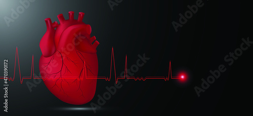 Human heart with heart rate on black background. Organ symbol. for cardiology clinic.
