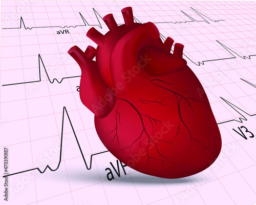 Human heart on heart rate and light pink background illustration. for cardiology.