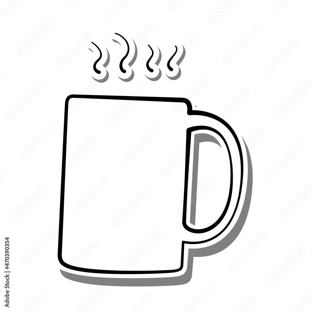 Black line mug coffee on white silhouette and gray shadow. Hand drawn cartoon style. Vector illustration for decorate, coloring and any design. Black line mug coffee on white silhouette and gray shadow. Hand drawn cartoon style. Vector illustration for decorate, coloring and any design.