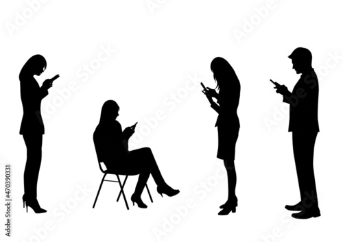 graphics silhouette Business woman and man hold smartphone for connection by technology vector illustration