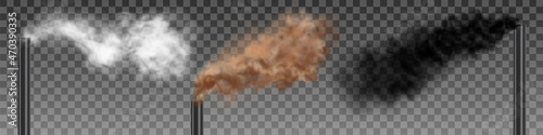 A set of clouds of white, brown and black smoke coming from factory chimneys. Air pollution concept. Realistic vector illustration isolated on transparent background.