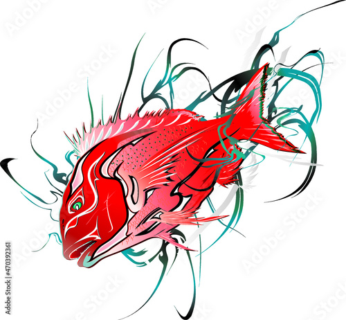 Japanese most Auspicious loving fish red sea bream with Kabuki-Kumadori make-up illustration. マダイを歌舞伎の隈取り化粧をイメージしたイラスト