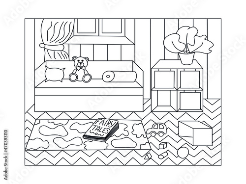 Child's room. Coloring page. Illustration for coloring