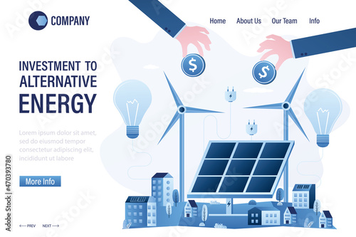 Investment to alternative energy, landing page template. Solar panel and windmill. Businessmen hands gives money. Clean and green city energy background. Saving money and nature concept.
