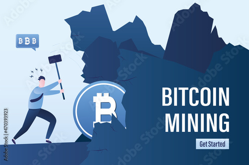 Bitcoin Mining, landing page template. Financial Technology. Businessman uses a pickaxe and breaks stones. Cryptocurrency in stones. Mining process. Making money.