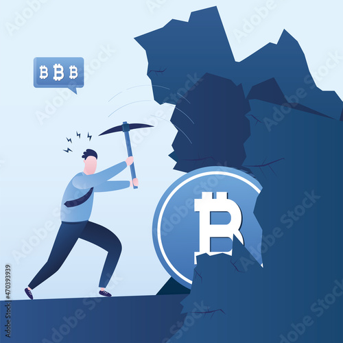 Bitcoin Mining, concept banner. Financial Technology. Businessman uses a pickaxe and breaks stones. Cryptocurrency in stones. Mining process.