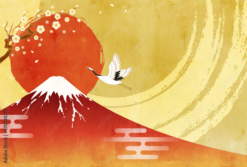 Fototapeta premium 富士山と初日の出と鶴のおめでたい2022年年賀状のベクターイラスト