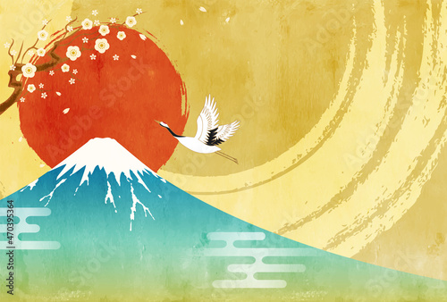 富士山と初日の出と鶴のおめでたい2022年年賀状のベクターイラスト