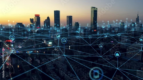 smart Connected city skyline. Futuristic network concept, city Technology.