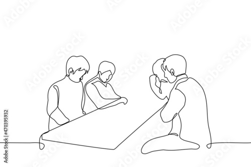 company of sad and confused men in suits sitting at table in silence - one line drawing vector. concept of failed business project, team failure, desperate crisis situation
