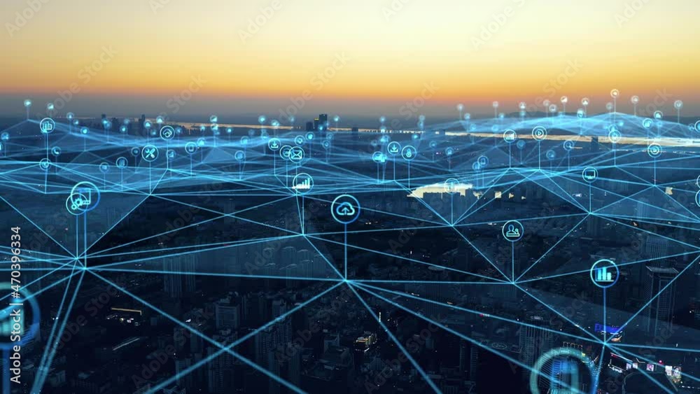 smart Connected city skyline. Futuristic network concept, city Technology.