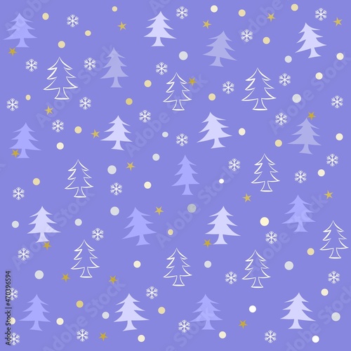 Blue background with pattern of pine trees and snowflakes ,vector drawing,winter, new year or christmas background
