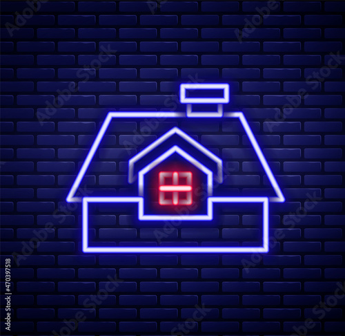 Glowing neon line House icon isolated on brick wall background. Home symbol. Colorful outline concept. Vector