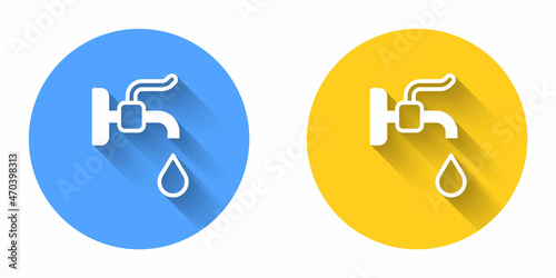 White Water tap icon isolated with long shadow background. Circle button. Vector