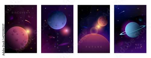 Space posters. Futuristic astronomy backgrounds with galaxy planets and asteroids. Nebula and comets. Universe discovery. Science fiction cover collection. Vector galactic banners set