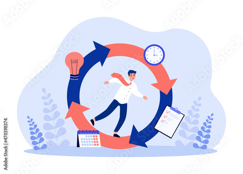 Busy businessman running in cycle of work tasks. Unstoppable working race of tiny man flat vector illustration. Time management, productivity concept for banner, website design or landing web page