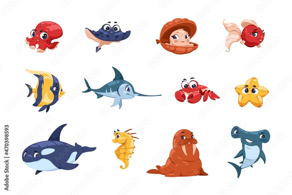 Fototapeta premium Cartoon fish characters. Cute underwater animal mascots, big eyes and adorable faces, sea and ocean habitats for childrens illustration. Funny walrus and shark, vector isolated set