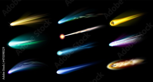Realistic shooting star. 3D falling meteor trails. Comets flares. Fireball light. Meteorite burning atmosphere. Asteroid trace templates. Galactic elements. Vector cosmos twinkles set
