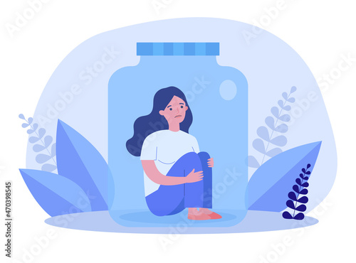 Unhappy girl sitting in glass jar or trap. Tiny sad woman hugging knees inside bottle flat vector illustration. Depression, mental health concept for banner, website design or landing web page