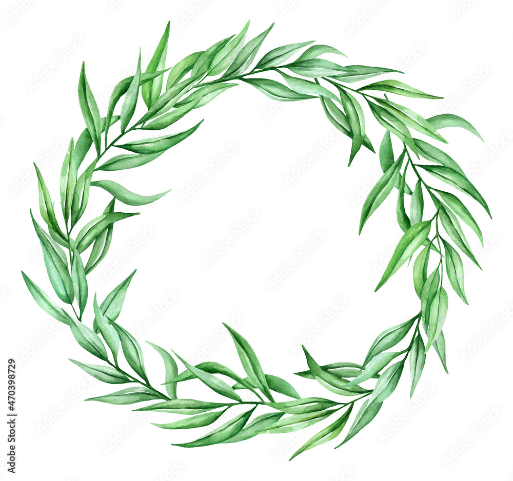 Watercolor wreath of greenery. This round frame made of eucalyptus is created of green twigs and  leaves. 