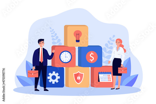 Business people standing near parts of workflow. Planning, time, idea symbols inside cubes flat vector illustration. Management, strategy concept for banner, website design or landing web page