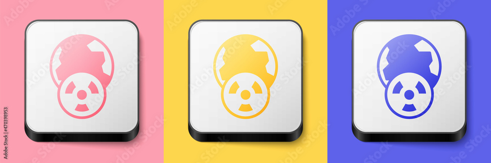 Isometric Planet earth and radiation symbol icon isolated on pink, yellow and blue background. Environmental concept. Square button. Vector Isometric Planet earth and radiation symbol icon isolated on pink, yellow and blue background. Environmental concept. Square button. Vector