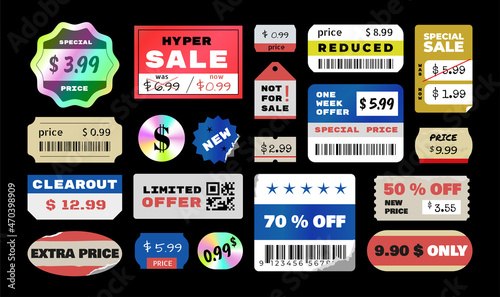 Retro price tag. Vintage discount and doodle holographic sticker. Grunge old round promotional label mockup. Packaging ripped badge. Sale and limited offer icons. Vector store signs set