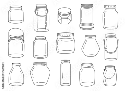 Doodle jar. Hand drawn empty glass preserve canning with lids and handles. Homemade hanging romantic lantern. Isolated food cans for jam and jelly. Vector containers line sketches set