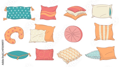 Cartoon cushion. Interior design textile decorative element. Square and rectangular sleeping pillows for bed and sofa. Bedroom or living room comfort accessory. Vector beddings set photo